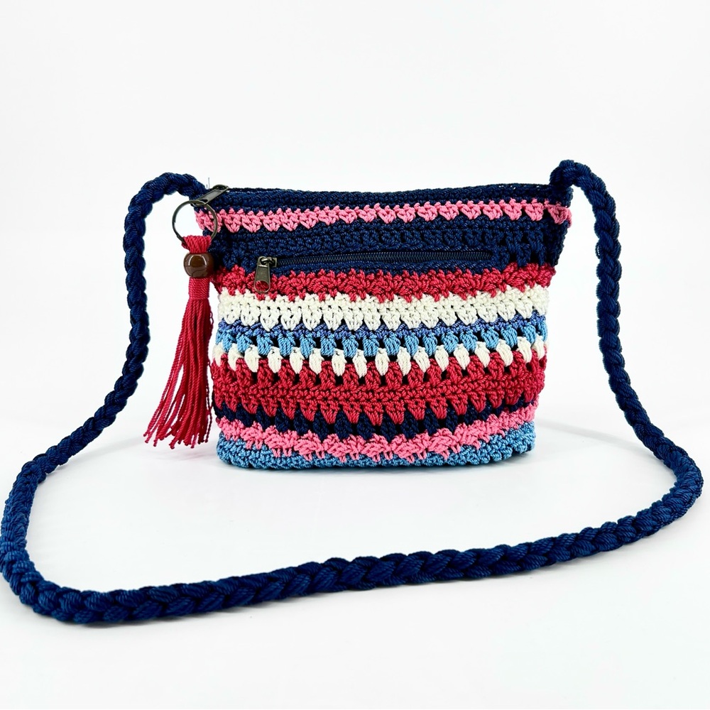Croft & Barrow Y2K Crochet Crossbody Bag Boho Zip Pockets Red Blue Tassel Pull